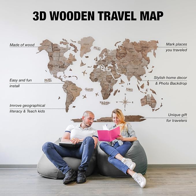 Handmade 3D Wood World Map Wall Art Large Wall Decor Track Your World Travels - Image 6