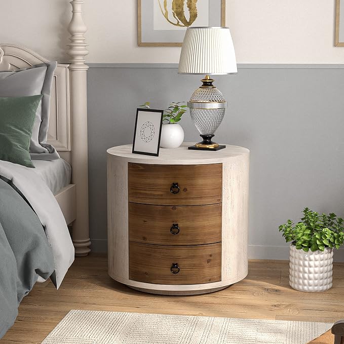 COSIEST Bedside Table Set of 2, Wood Nightstand 3 Drawers, Farmhouse Round End - Image 2