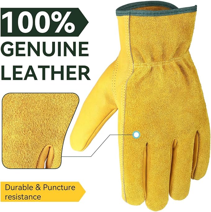 OZERO 5 Pairs Leather Work Gloves Flex Grip Tough Cowhide Gardening Glove - Image 8