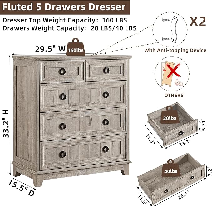 Farmhouse 5 Drawer Dresser for Bedroom, 33.2" Tall Small Dressers & Chest of - Image 2