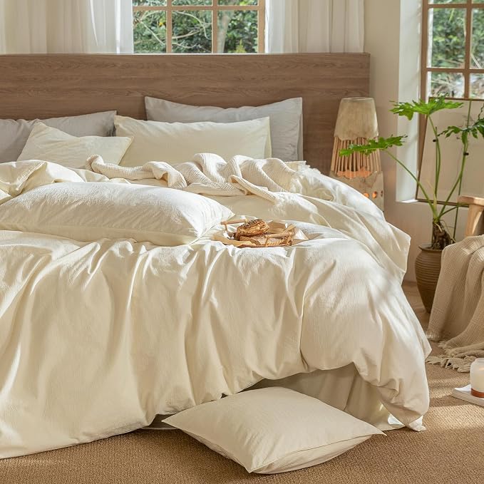 MooMee Wavy Striped Duvet Cover Set 100% Washed Cotton Linen Like Textured - Image 6
