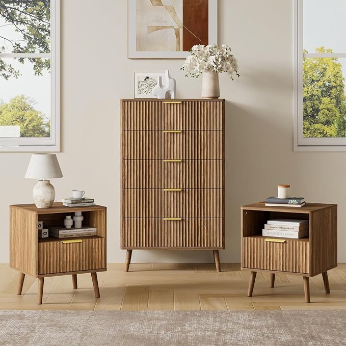 LYNSOM Fluted Dresser and Nightstand Sets 3 Piece, 5-Drawers Dresser and by LYNSOM