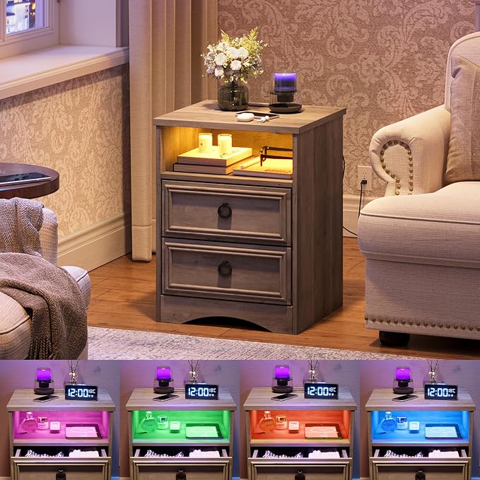 Large Nightstand Set of 2 with Drawers, 17.7"W Accent Night Stand with Charger - Image 6