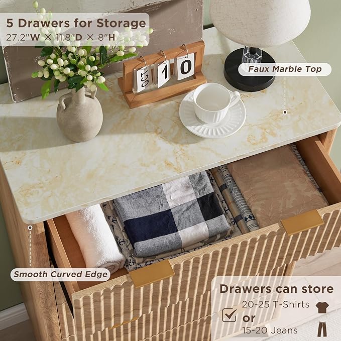 T4TREAM Fluted 5 Drawers Dresser, Curved Profile Design, Wood Drawer Organizer - Image 4
