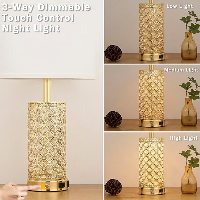 Crystal Table Lamp Set of 2-24in Gold Bedroom Lamps 3-Way Dimmable Touch Lamp - Image 2