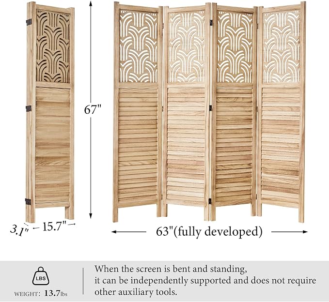 Svimi Folding Room Divider, 66.9 Inch 4 Panels Wood Carved Privacy Screens - Image 7