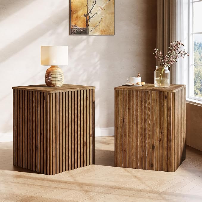 Solid Wood End Table Set of 2, Square Fluted Side Table - Image 8