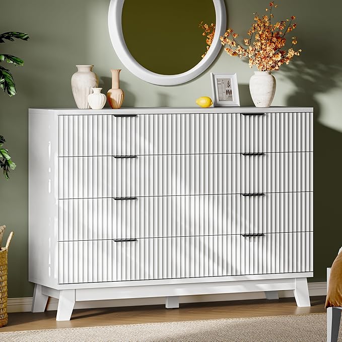 Fluted Dresser with 8 Drawers, Wooden Dresser TV Stand, Wood Closet Clothes by Xixini