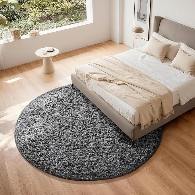 Ophanie Round Rug 7Ft Grey Circle Area Rugs, Large Fluffy Fuzzy Living Room - Image 3