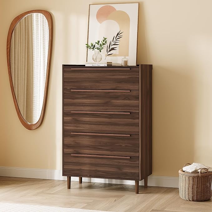 48" Tall Walnut Dresser for Bedroom, Mid-Century Modern 5 Drawer Chest of - Image 8
