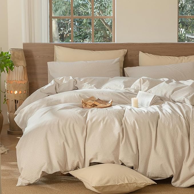 MooMee Striped Duvet Cover Set 100% Washed Cotton Linen Like Textured - Image 6
