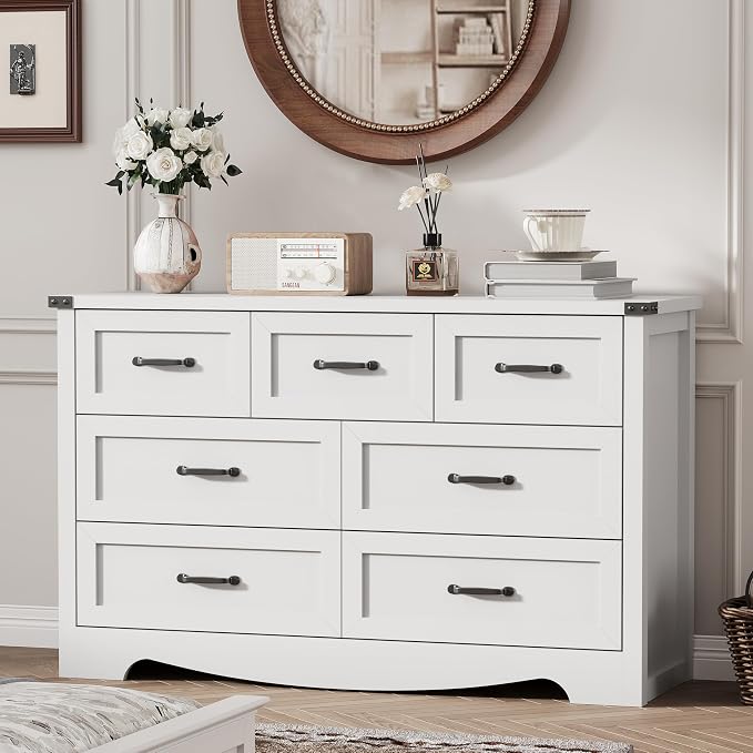 Dresser for Bedroom with 7 Drawers, Wood Dresser TV Stand, Wooden Closet by Xixini