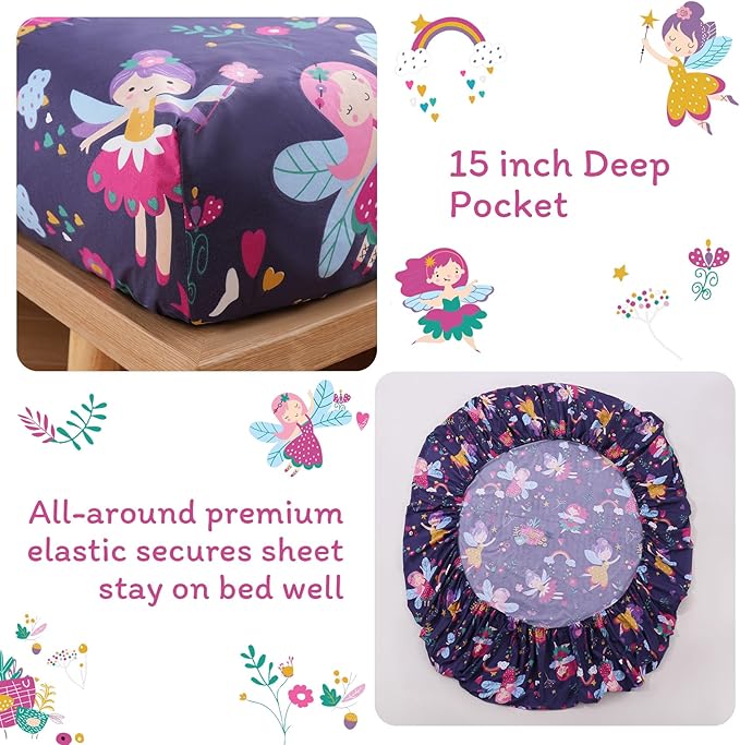 JSD Purple Fairy Kids Sheet Set Full Size, 4 Piece Girls Floral Printed - Image 3