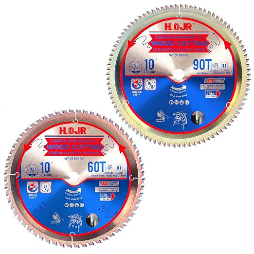 2-Pack 10" 60T & 90T 5/8" Arbor Woodworking Circular Saw Blade, by HOJR