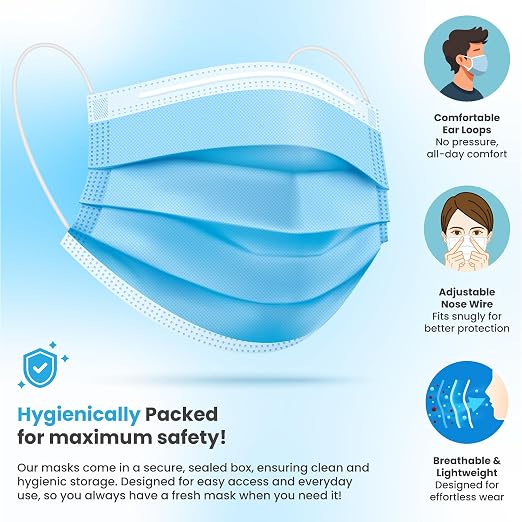 PURE GEM Single Use Disposable Blue Face Mask, Soft on Skin, 3-ply Masks Facial - Image 3