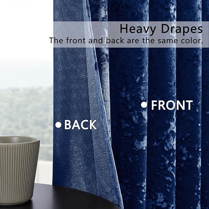 SMILETIME Navy Blue Crushed Velvet Curtains 52x108 inch Luxurious Thermal - Image 3