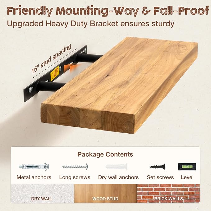 fuqing Floating Shelves for Wall, 72 inch Rustic Solid Elm Wood Floating Shelves - Image 6