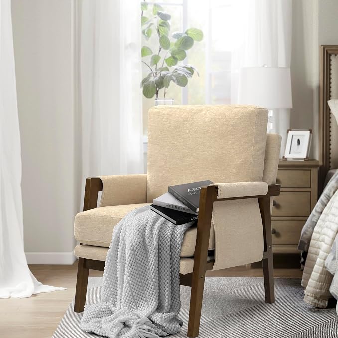 Beige Accent Chair for Bedroom & Living Room, Mid Century Modern Accent Arm - Image 9