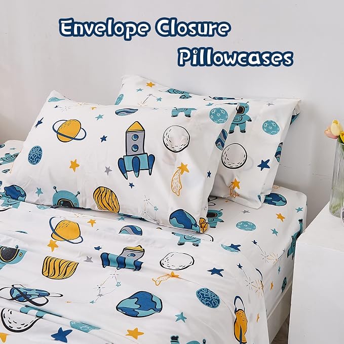 JSD Blue Astronaut Kids Sheet Set Full Size, 4 Piece Space Rocket Printed - Image 5
