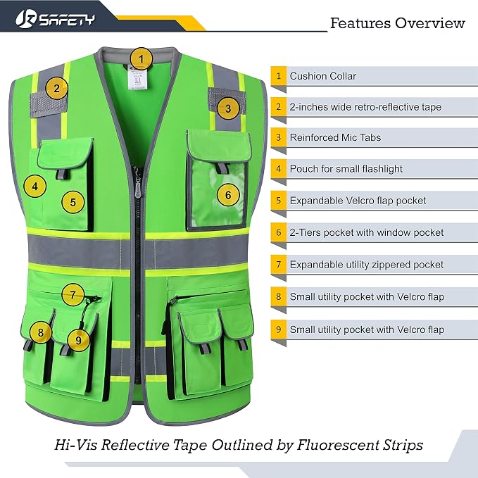 JKSafety 10 Pockets Hi-Vis Zipper Front Fluorescent Green Safety Vest | - Image 4