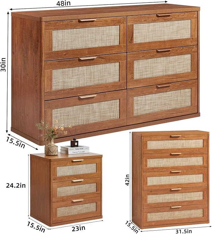 LEYAOYAO Rattan Dresser and Nightstand Sets 3, Boho Wood Dresser - Image 3