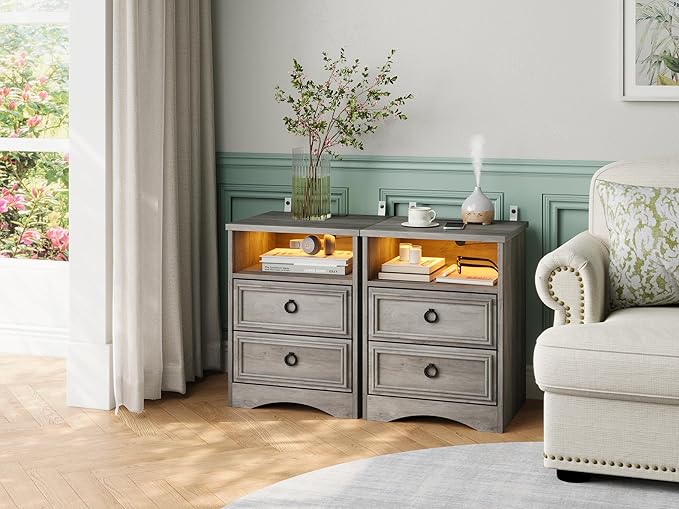 Large Nightstand Set of 2 with Drawers, 17.7"W Accent Night Stand with Charger - Image 2