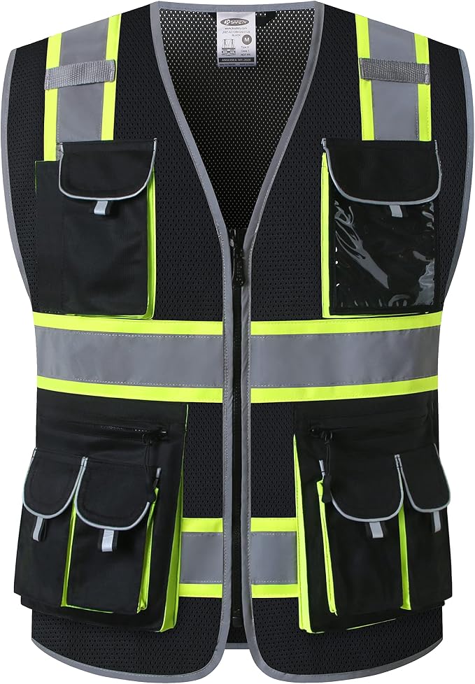 JKSafety 10 Pockets Hi-Vis Neon Color Frontal Zipper Mesh Safety Vest by JKSafety