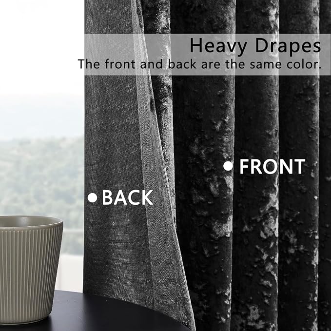 SMILETIME Black Crushed Velvet Curtains 52x96 inch Luxurious Thermal Insulated - Image 3