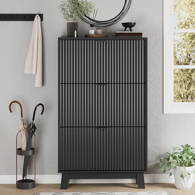 Shoe Cabinet with 3 Flip Drawers, Hidden Slim Wooden Shoe Rack Cabinet - Image 7