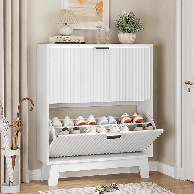 Shoe Cabinet with 2 Flip Drawers, Hidden Slim Wooden Shoe Rack Cabinet by Xixini