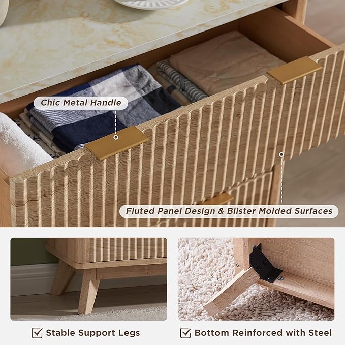 T4TREAM Fluted 5 Drawers Dresser, Curved Profile Design, Wood Drawer Organizer - Image 6