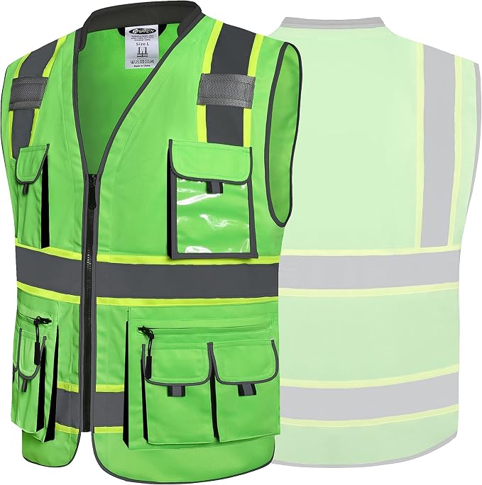 JKSafety 10 Pockets Hi-Vis Zipper Front Fluorescent Green Safety Vest | - Image 6