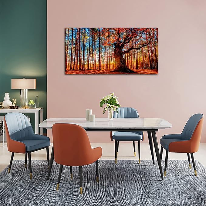 Yearainn Large Canvas Wall Art Forest Sunset Canvas Pictures Red Leaf Trees - Image 5
