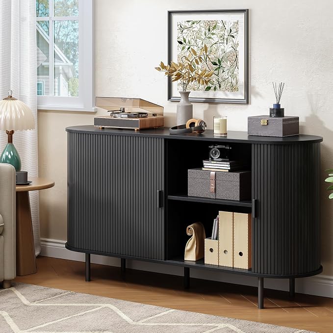 Buffet Cabinet with Storage, Fluted Sideboard Buffet with Sliding Door - Image 7