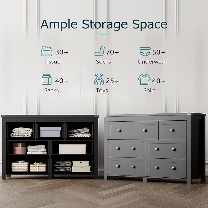 7 Drawer Dresser for Bedroom, Farmhouse Wood Chest of Drawers, Wide TV Stand - Image 4