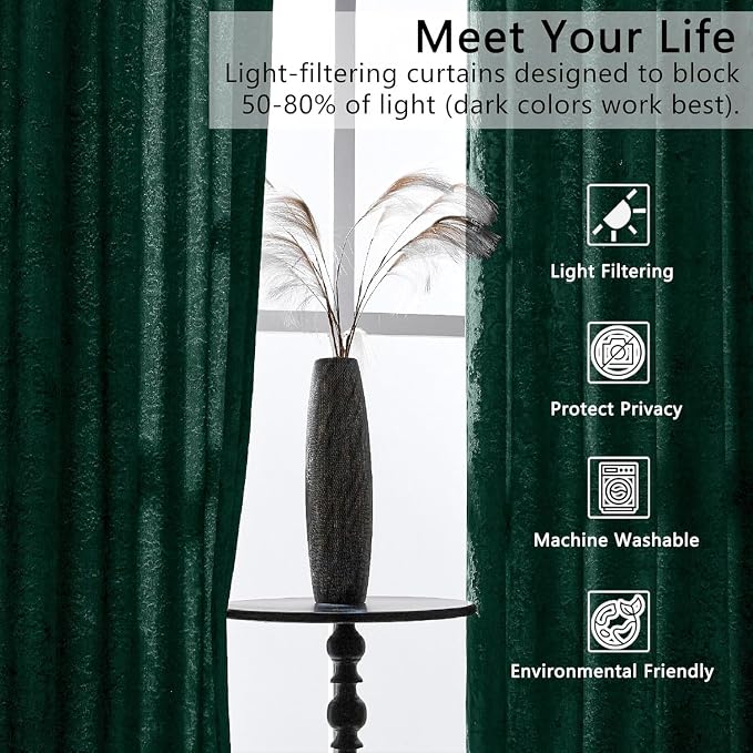SMILETIME Forest Green Crushed Velvet Curtains 52x108 inch Luxurious Thermal - Image 4