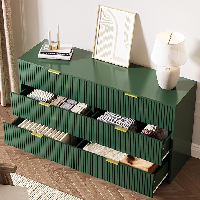 Green 6 Drawer Dresser for Bedroom, Fluted Wood TV Stand for Living Room - Image 4