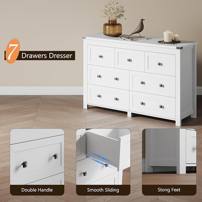 Dresser for Bedroom with 7 Drawers, Farmhouse Wood Chest of Drawers, Wide TV - Image 5