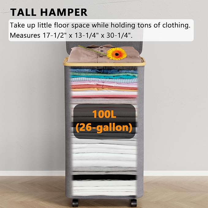 SpaceAid Laundry Hamper with Wheels and Lid, 26 Gal Rolling Clothes Basket with - Image 3