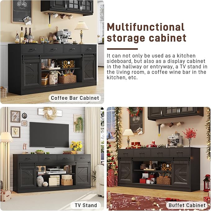 70” Large Long Buffet Sideboard Cabinet w/4 Drawer, Farmhouse Buffet Storage - Image 6
