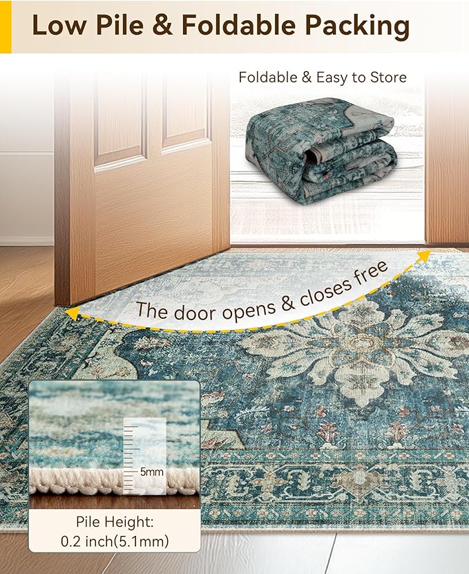 Area Rugs 2'x7' Washable Non-Slip, Floral Vintage Distress Print Pattern - Image 5