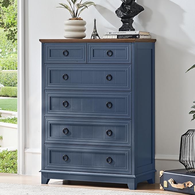Farmhouse 6 Drawer Dresser for Bedroom Set of 2, Rustic Wood Dresser - Image 3