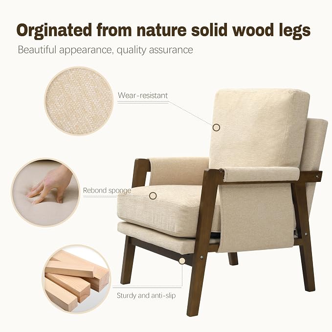 Beige Accent Chair for Bedroom & Living Room, Mid Century Modern Accent Arm - Image 4