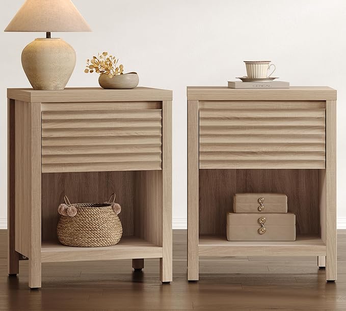 SICOTAS Fluted Nightstands Set of 2-19.6" Wide Wooden Night Stand by SICOTAS