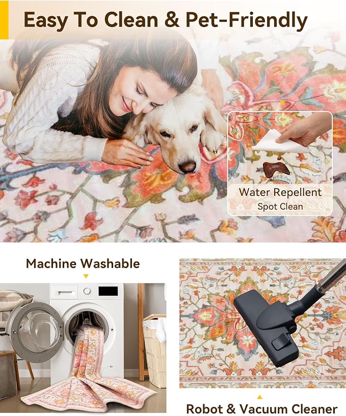 Area Rugs 6'x9' Washable Non-Slip, Floral Vintage Distress Print Pattern - Image 6