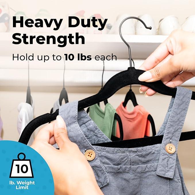 Fontaines Luxury Kid's Black Velvet Felt Non Slip Clothes Hangers 50 Pack - Image 4