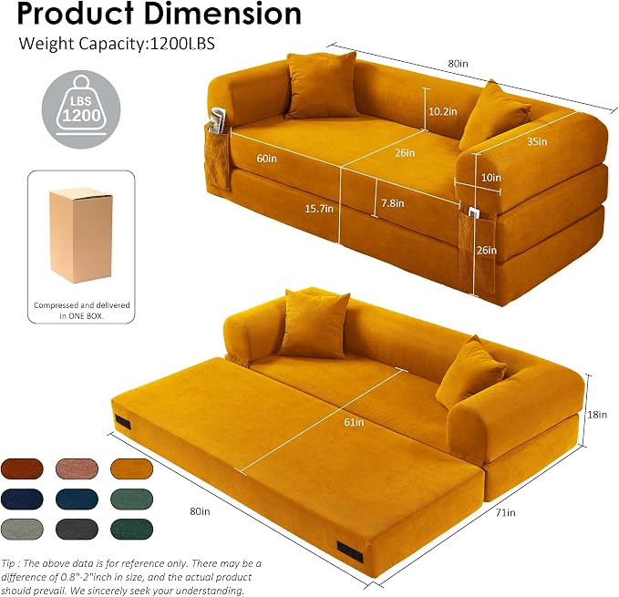 80" Convertible Sofa Bed, Corduroy Deep Seat Folding Pull Out Couch - Image 2