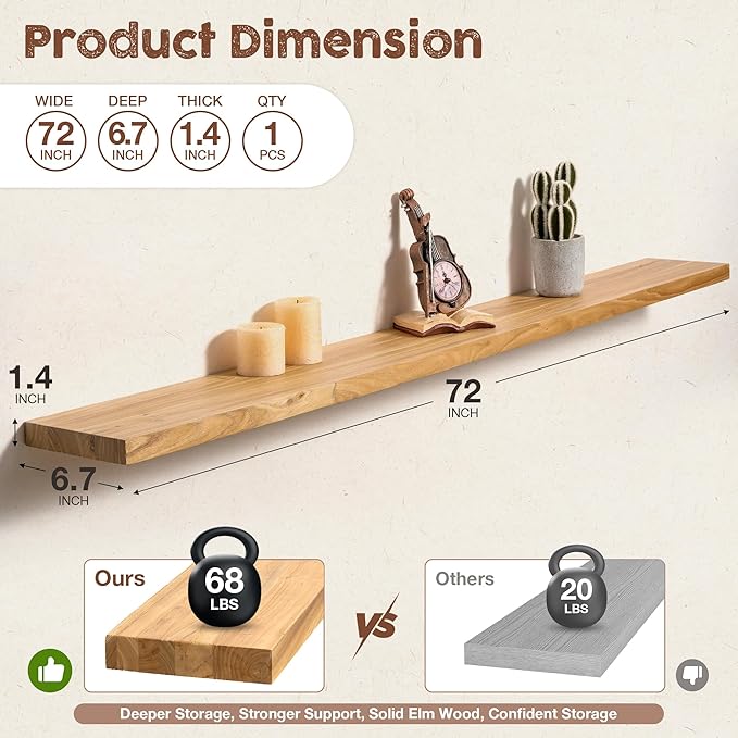 fuqing Floating Shelves for Wall, 72 inch Rustic Solid Elm Wood Floating Shelves - Image 3
