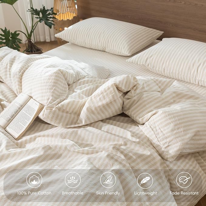 MooMee Striped Duvet Cover Set 100% Washed Cotton Linen Like Textured - Image 3
