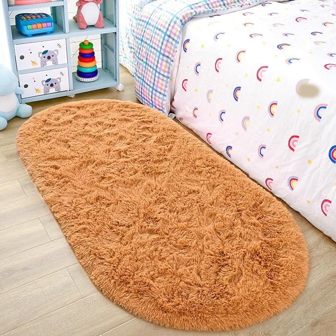Noahas Fluffy Khaki Rugs for Bedroom Living Room, 2.6'X5.3' Oval Throw Rug for by ModernHomeDecor